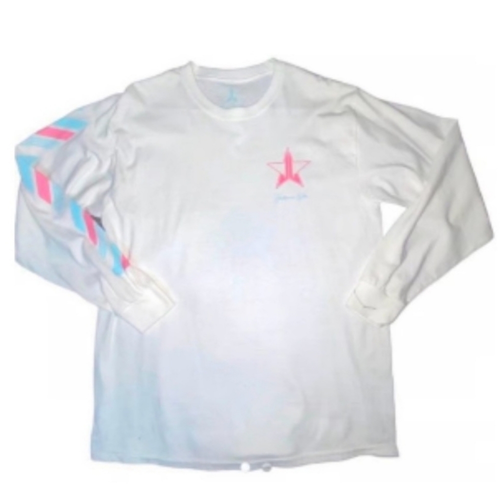 Jeffree Star White Long Sleeve Shirt with Pink and Blue Star Design In Size Larg